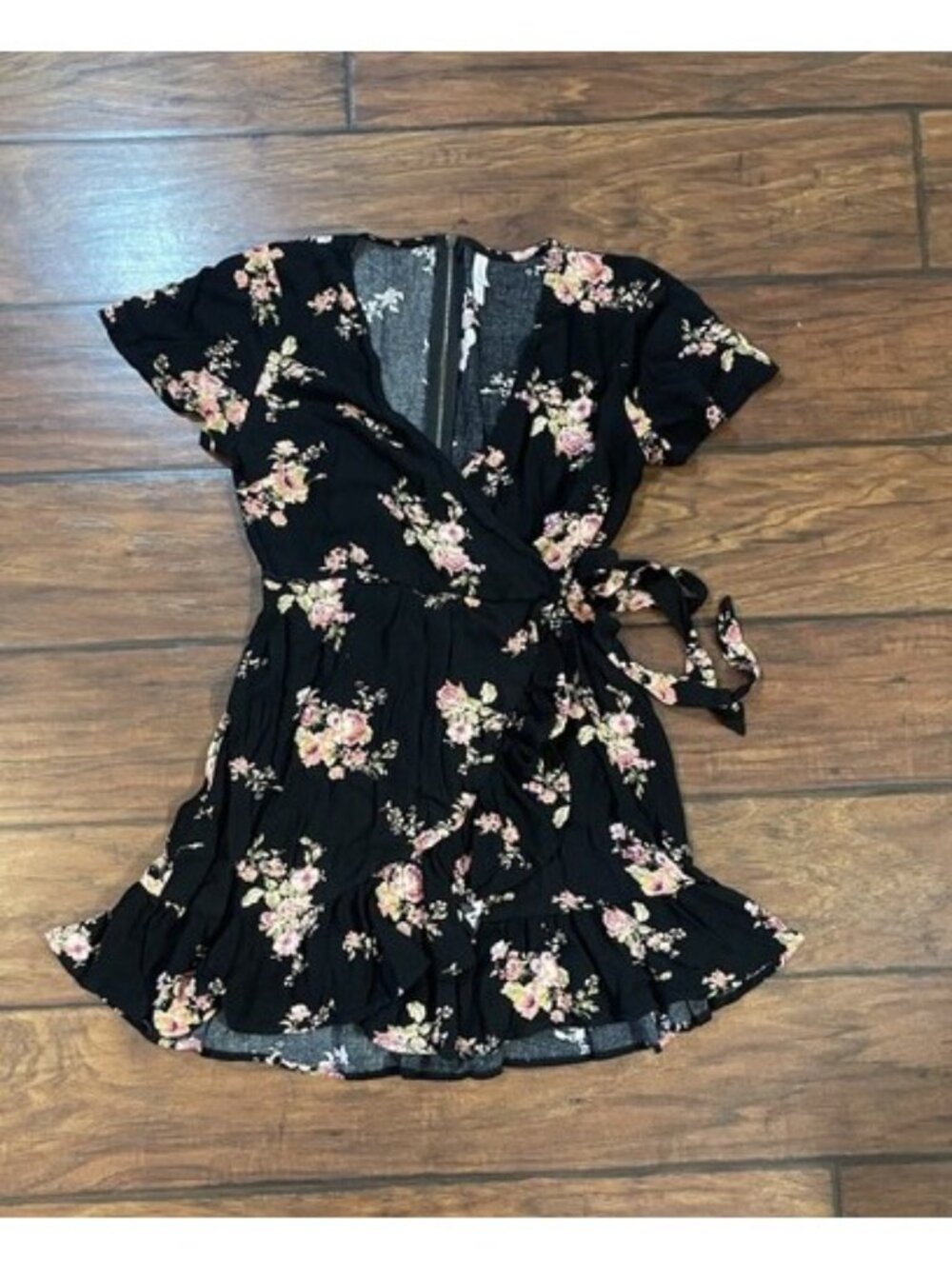 Womens Size XS Black Floral Dress Faux Wrap Cottagecore Coquette Fairy Soft Y2K